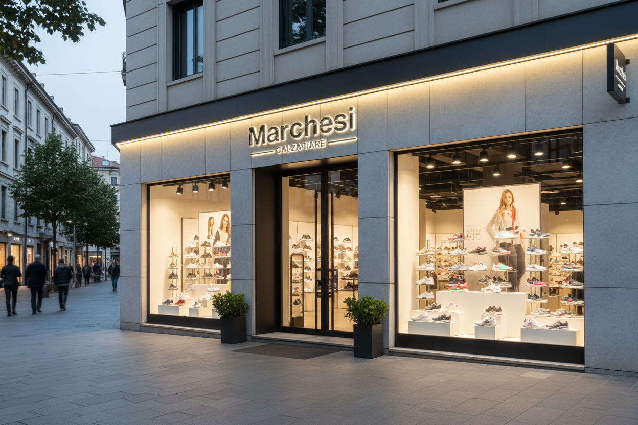 Negozio di calzature sportive con l'insegna Marchesi calzature